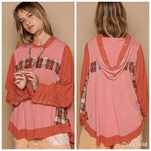 POL USA Oversized Drawstring Long Sleeve Hoodie Plaid Detail Button Sleeve sz Me
